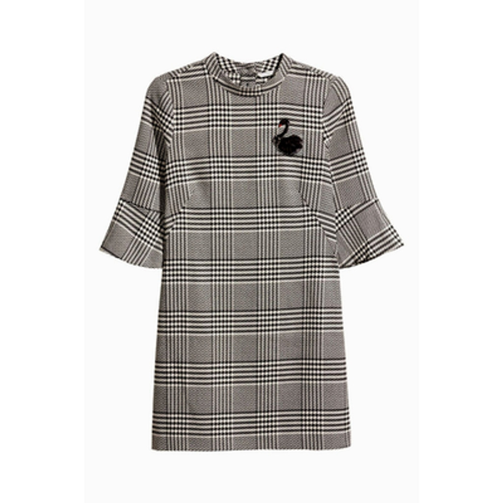 H&M Black and White Woven Houndstooth Dress with Sequin Swan Sz 4